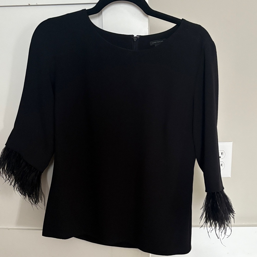 Ann Taylor Black Blouse with Feather Cuffs